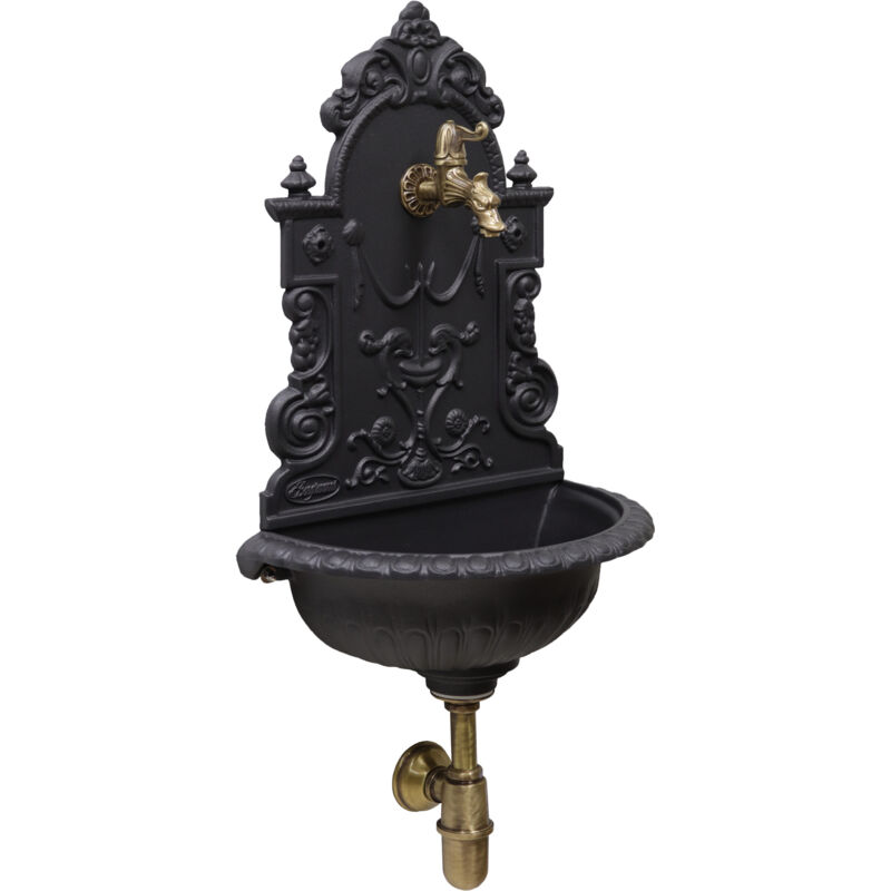 Fontaine murale Granada en fonte grise pour jardin potager avec robinet et siphon en laiton bruni cod.147/C