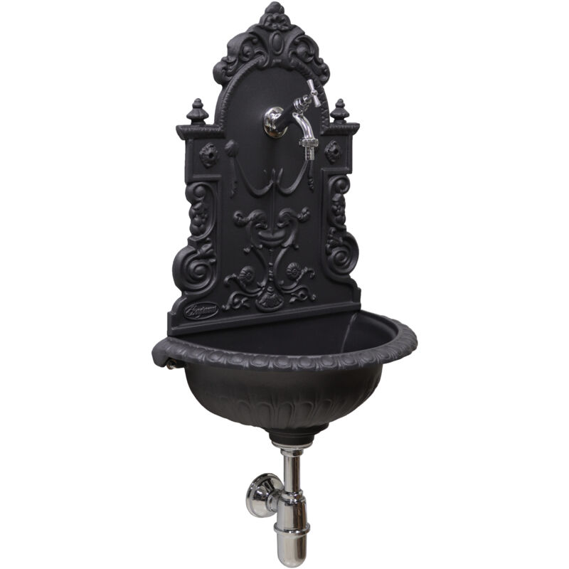 Fontaine murale Granada en fonte grise pour jardin potager avec robinet et siphon en laiton chrome