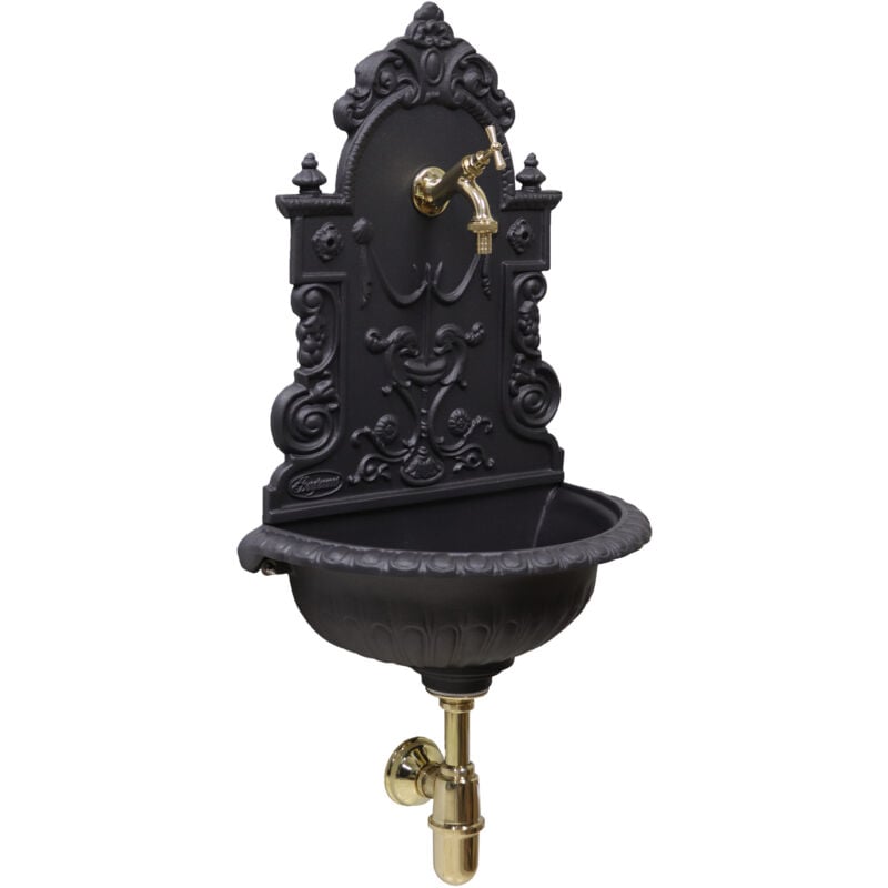 Fontaine murale Granada en fonte grise pour jardin potager avec robinet et siphon en laiton poli