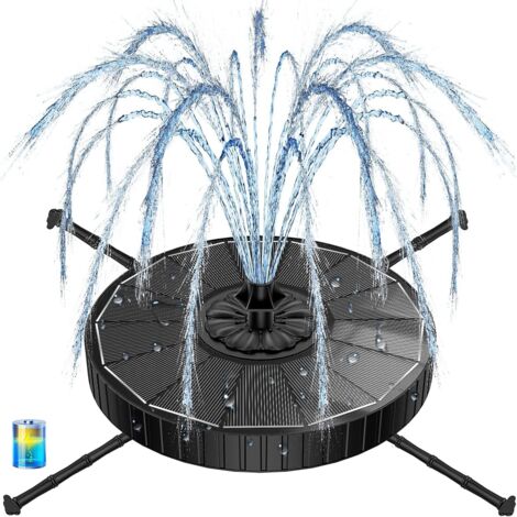 Fontaine Solaire,  3.5W Extérieur Flottante Pompe Bassin 3 Modes de Réglage Hauteur d’Eau 2000mAh Batterie, Exterieur avec 7 Buses & 4 Barres Rotatives pour Jardin (Noir) Noir -