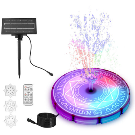 Fontaine solaire avec pompe et lumière RGB 6W, batterie intégrée de 3600 mAh, jet d'eau réglable, 6 modes d'éclairage avec télécommande, panneau solaire et 3 buses pour oiseaux.