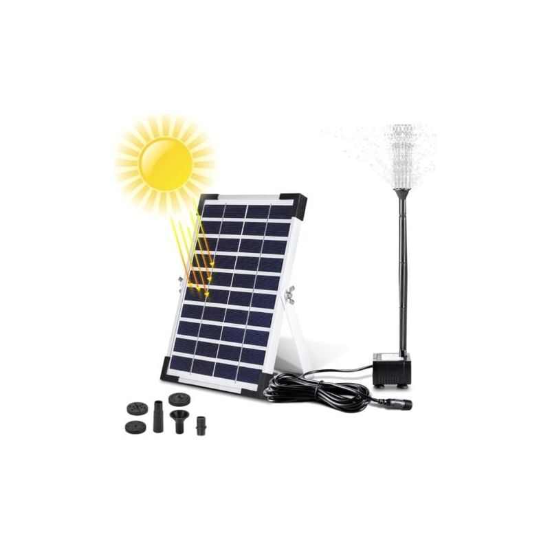 Aiperq - Fontaine Solaire Extérieur 5W, Pompe Bassin Solaire, Pompe à Eau Solaire pour Fontaine, Bain d'oiseaux, Étang, Piscine, 3 Buses, 380L/H,