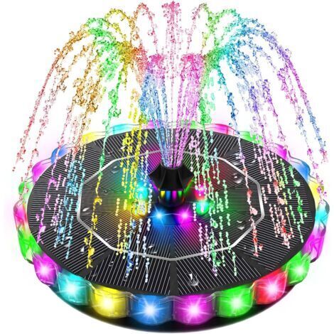 Fontaine Solaire Extérieure de Jardin 3.5W Modèle Amélioré 2026, Flottante avec 32 LEDs Colorées, 2000mAh & 8 Buses, Pompe Solaire Bassin Extérieur Décorative pour Étang et Bain d’Oiseaux