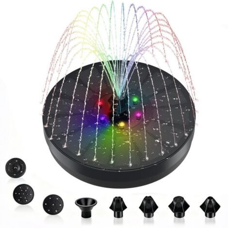 Fontaine solaire Longzhiming avec pompe pour bain d'oiseaux - 3 watts - 7 buses - Fontaine à énergie solaire - Batterie 900 mAh et éclairage LED - Idéale pour les bassins - Diamètre : 16 cm - Noire