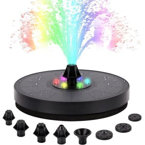 Fontaine solaire, pompe de fontaine solaire avec batterie de stockage et lumière LED, fontaine extérieure flottante à 7 buses pour jardin