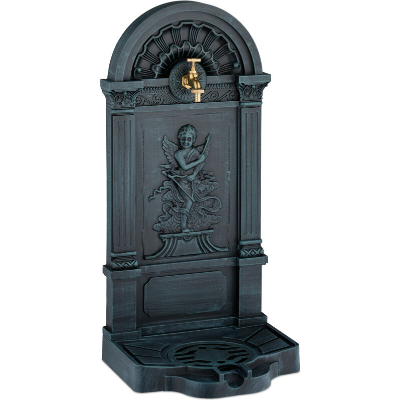 Relaxdays - Fontaine extérieure de jardin, design antique, petit ange, h x l x p : 83 x 39 x 33 cm, gris et vert