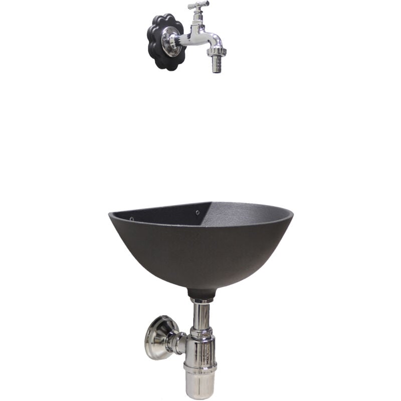 Fontaine murale 600 pour mur de jardin balcon extérieur avec robinet 195/C et siphon en laiton chromè avec rosace fleurie