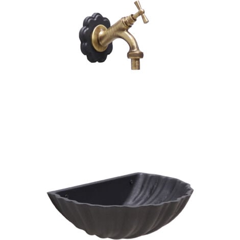 Fontana a muro Conchiglia grigio ghisa con rosone fiore per casa giardino con rubinetto in ottone a scelta : brunito
