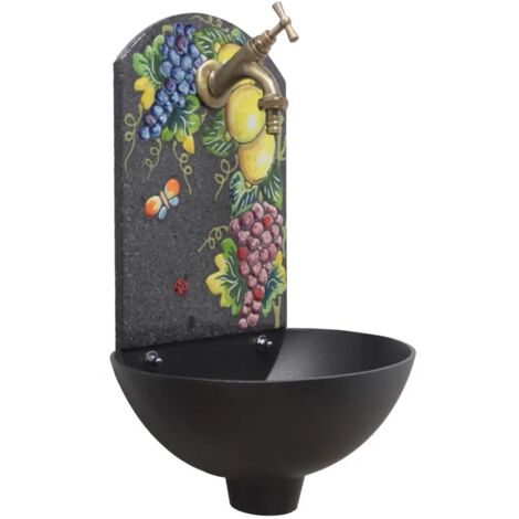 Fontana a muro Petra "C" colore ghisa per casa e giardino pietra lavica con rubinetto in ottone finitura a scelta : brunito