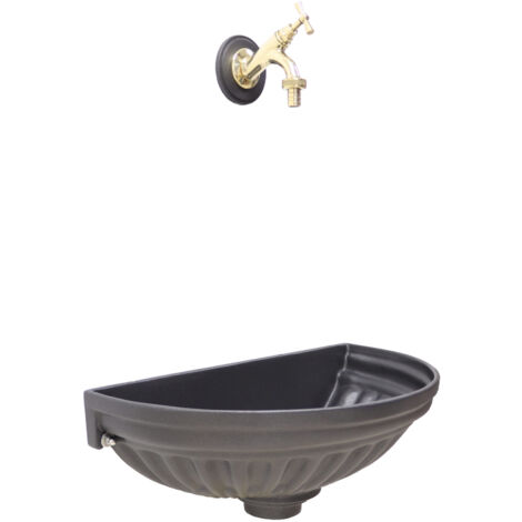 Fontana A Muro In Ghisa Grigio - Con Rubinetto Ottone Cromato - Per Giardino O Casa