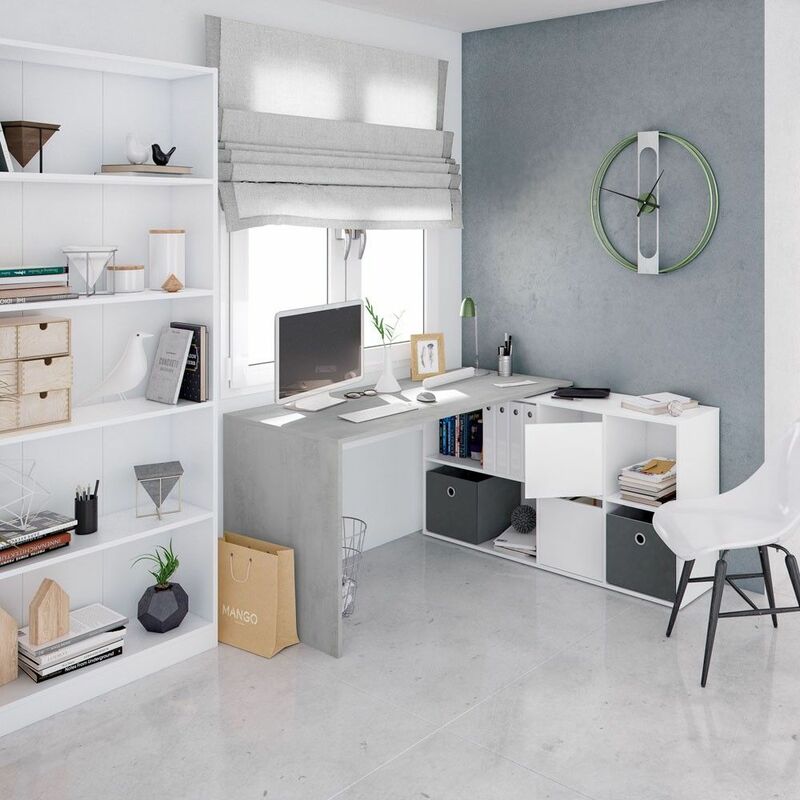 Table de bureau d'angle en ciment blanc avec compartiment Adapta 136 cm (largeur) x 74 cm (hauteur) x 139 cm (profondeur)