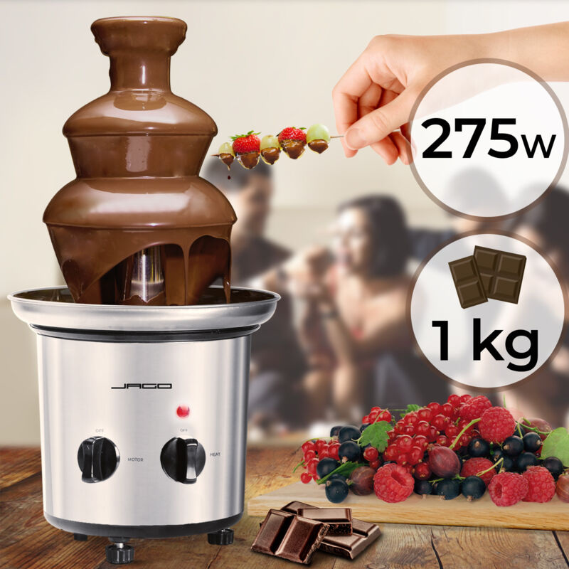 Ecomsof - Jago® Fontana di Cioccolato 275 w - a 3 Piani, Capacità 1kg, Altezza 39 cm, in Acciaio Inossidabile, Lavabile in Lavastoviglie, Argento