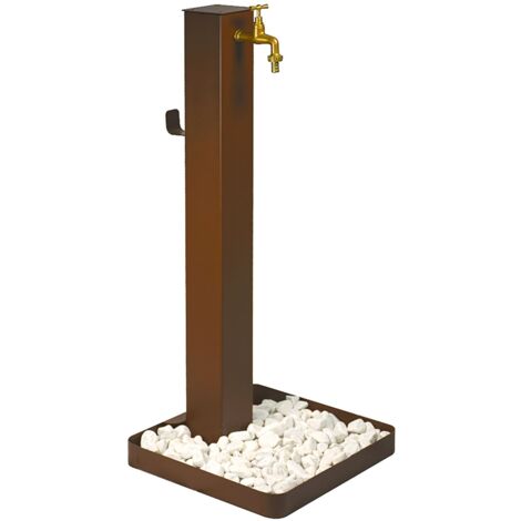 Fontana da Giardino Design a Colonna Quadrata Rubinetto in Ottone e Base con Ciottoli Corten