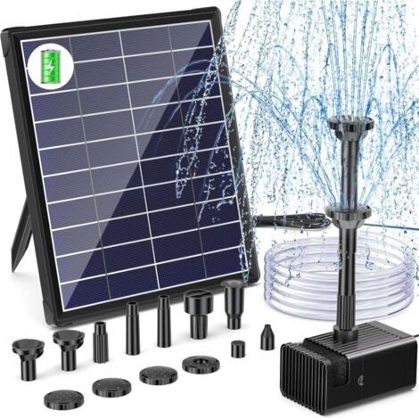 Fontana da giardino solare, pompa idrica esterna senza fili da 5,5 W con batteria integrata da 3000 mAh, portata di 350 L/h, tubo flessibile da 1,5 m + 6 ugelli, ideale per abbeveratoi per uccelli fai
