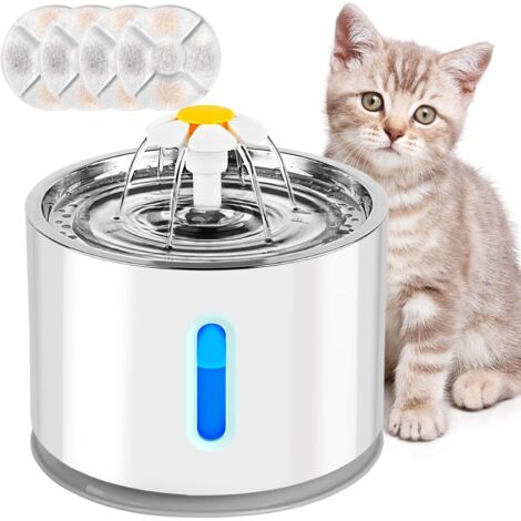 Fontana d'Acqua per Gatti e Cani di Piccola Taglia da 2,4 L, Distributore d'Acqua Silenzioso per Gatti con 4 Filtri a Carbone Attivo e Vassoio in Acciaio Inossidabile, Luce Notturna a LED