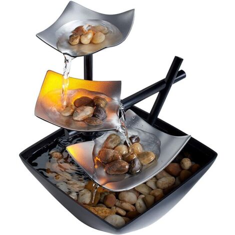 Fontana decorativa da tavolo, 3 livelli, pompa automatica con interruttore di alimentazione, nero/argento