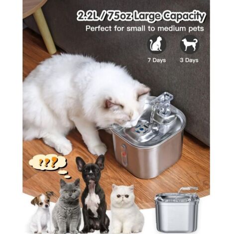 Fontana per gatti, fontana in acciaio inox da 2,2 litri, pompa dell'acqua ultra silenziosa, dispenser d'acqua per cani lavabile in lavastoviglie.