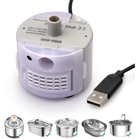 Fontana per gatti SMA-800 in acciaio inox, con pompa sommergibile, cavo USB e luce LED.