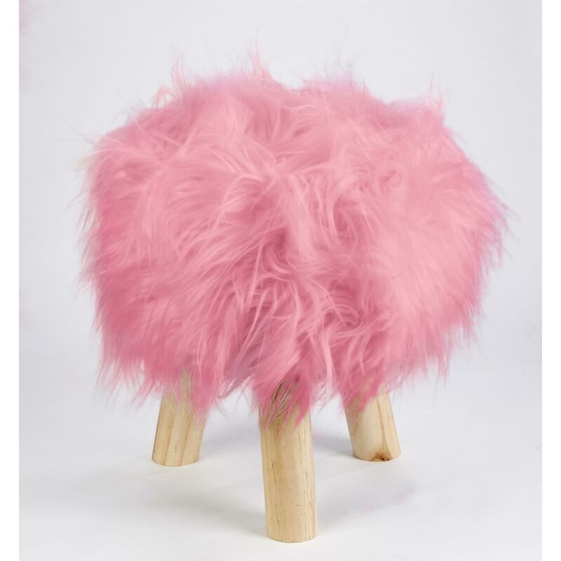 Footstool Pouffe Mongolian Faux Fur Wooden Leg Scandi Foot Stool Chair Cerise Pink
