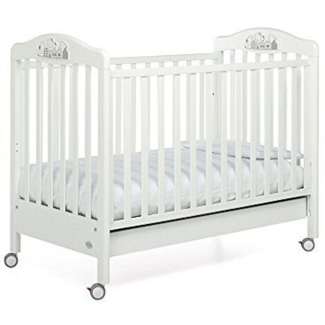 Foppapedretti Lettino con Sponda Regolabile Felicity, Legno di Faggio, Made in Italy, Rete a Doghe di Faggio, Ampio Cassetto, Regolabile a Doppia Altezza, 4 ruote, 131x73x108 cm, Bianco