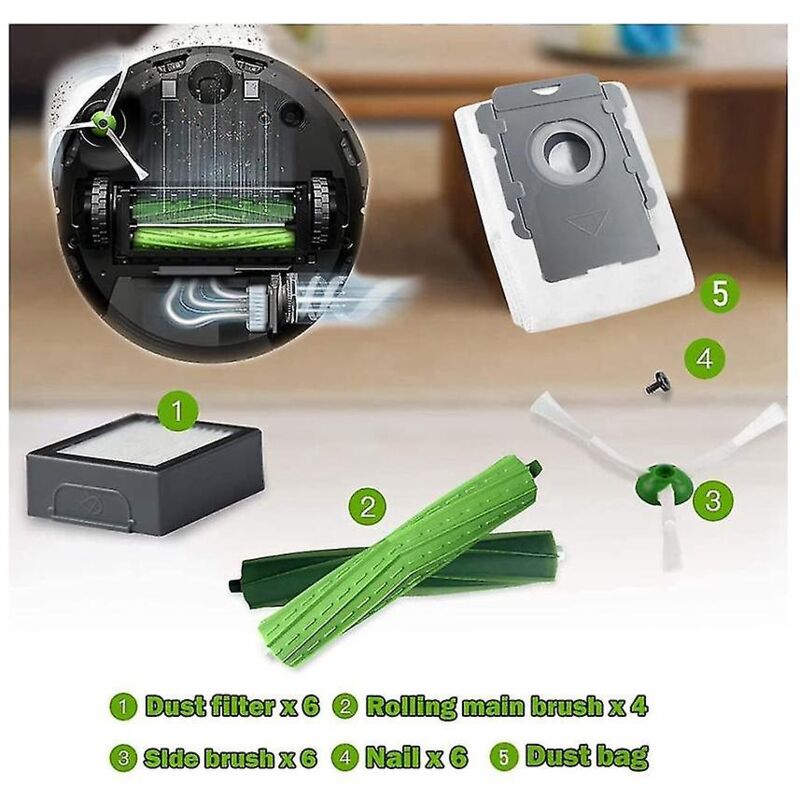 Pour e, i, j, comprend 2 jeux de brosses en caoutchouc, 6 filtres Hepa, 6 brosses latérales et 6 sacs d'aspirateur