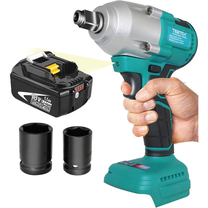 Teetok - 18V Brushless Cordless Impact Wrench Lithium-Ion 1/2' Driver 420NM+1x5.5A Battery,Compatible with Makita Battery