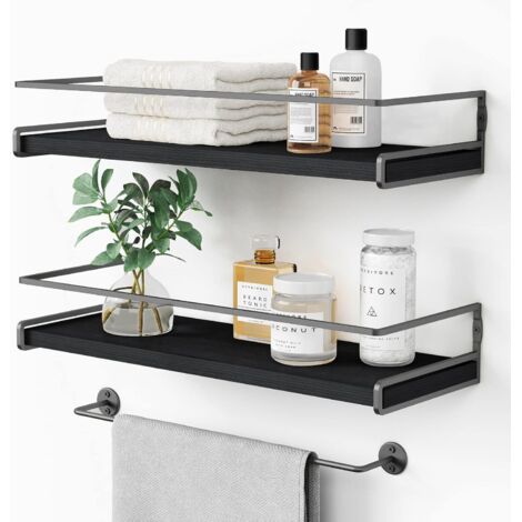 Forbena Schwarze Badezimmer-Wandregale (2er-Set), Küchen-Gewürzregale zur Wandmontage, moderne hängende Wandregale aus Holz (Grau-Schwarz)