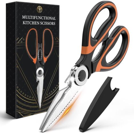 Forbici da cucina professionali multiuso, forbici seghettate in acciaio inossidabile con lama affilata, coprilama e impugnatura antiscivolo per pollo, pesce, carne, verdure, erbe aromatiche, ossa e no