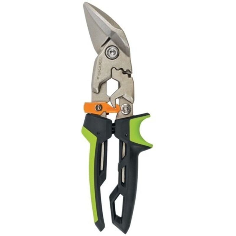Fiskars - Cesoie per lamiere, Taglio offset a destra, Fino al 40% di potenza in più, Lunghezza 25,2 cm, Acciaio trattato termicamente/Plastica,