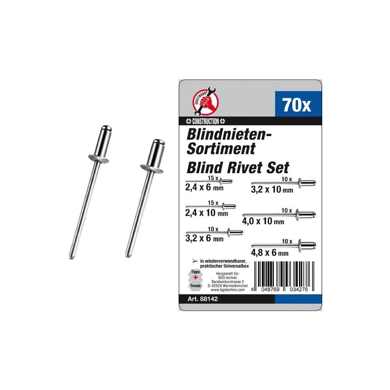 Bgs Technic - force homme assortiment rivets aveugles, 70 pièces, 88142