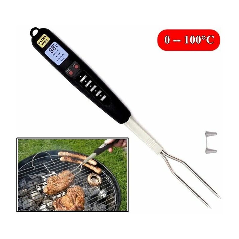 Image of Forchettone / termometro digitale in acciaio per cottura barbecue e forno 0-100°