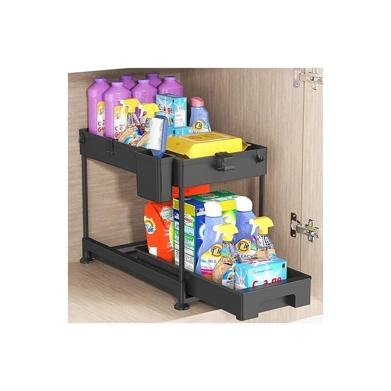 1PCS Organiseur Sous Évier 2 Niveaux avec Crochets et Gobelets - Rangement Polyvalent Salle de Bain et Cuisine(1 Gobelets) - Forehill