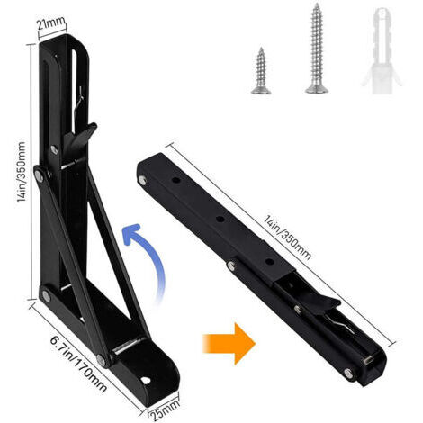 FOREHILL 2 Pièces Equerre Etagère Pliante en Acier Inox Support Console Pliable Equerre pour Etagere Murale Portant 80kg Noir - 350mm