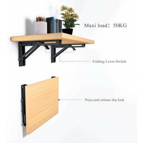 FOREHILL 2PCS Support d' Étagères Pliable 400mm Équerre Pliante Étagère Murale Support Pliante Robuste Noir Support Console Pliable pour Table Etagere Murale 80KG Porteur