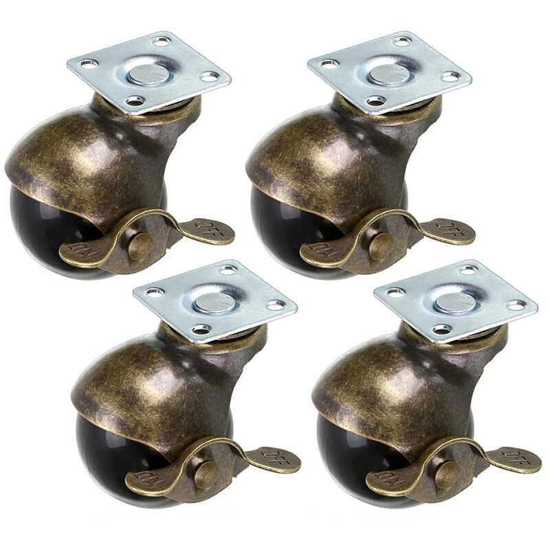 Forehill - 4 pcs Roulettes à Billes pour Meubles avec Frein Roue à Boule pour Meubles Diamètre 50mm avec Vis Bronze