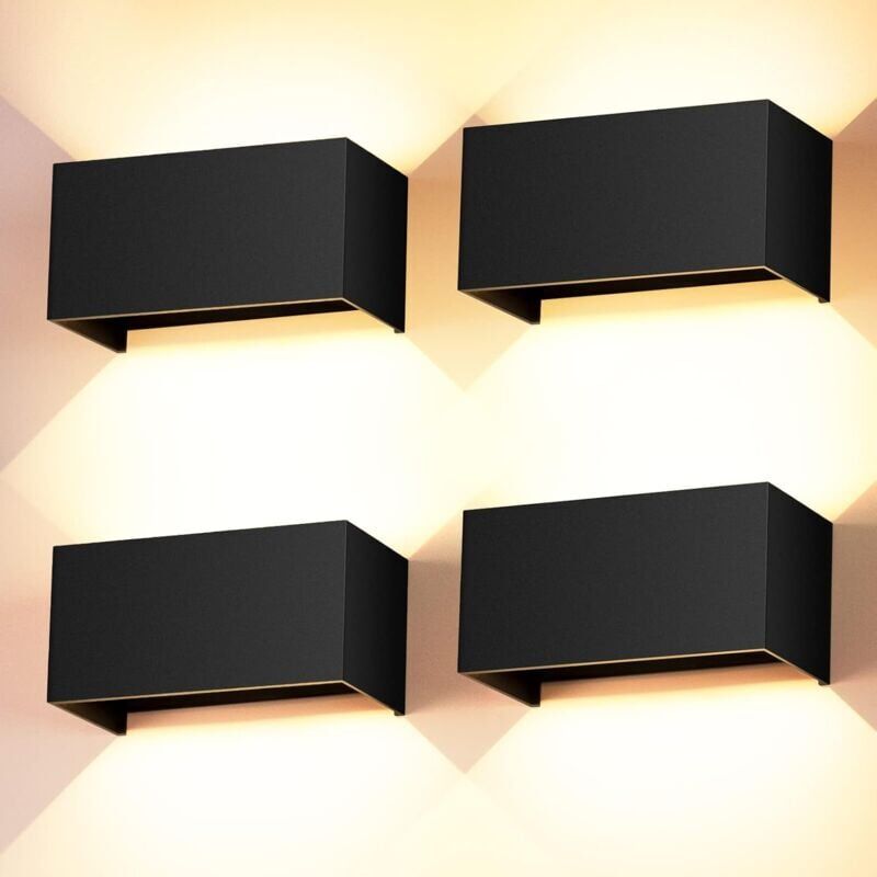4 Pièces Applique Murale Interieur/Exterieur 24W Noire Appliques Murales led 3000K Blanc Chaud avec Angle de Faisceau Réglable Lampe Murale Etanche