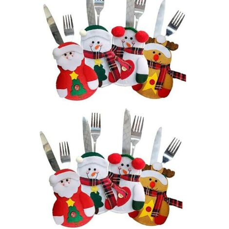 FOREHILL 8 pezzi Portaposate a forma di pupazzo di neve/Babbo Natale/Alce Portaposate natalizio Borsa per posate Decorazione da tavola natalizia