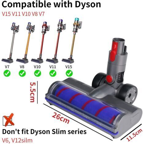 Forehill – Brosse à rouleau souple pour aspirateur Dyson V7 V8 V10 V11 V15 – 4 lumières LED – Largeur 26 cm – Nettoyage sols durs et parquets