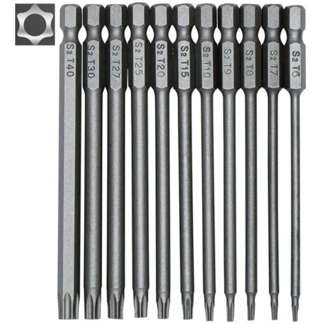 FOREHILL  Jeu de 11 embouts longs Torx pour tournevis et visseuse électrique - Embouts magnétiques - Tige hexagonale de 1/4" - Tailles T6 à T40 - Longueur 100 mm