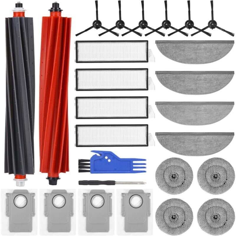 Kit de 26 Accessoires pour compatible pour Roborock S8 MaxV Ultra, 2 Brosses Principales, 4 Filtres hepa, 4 Chiffons de Nettoyage, 4 Lingettes