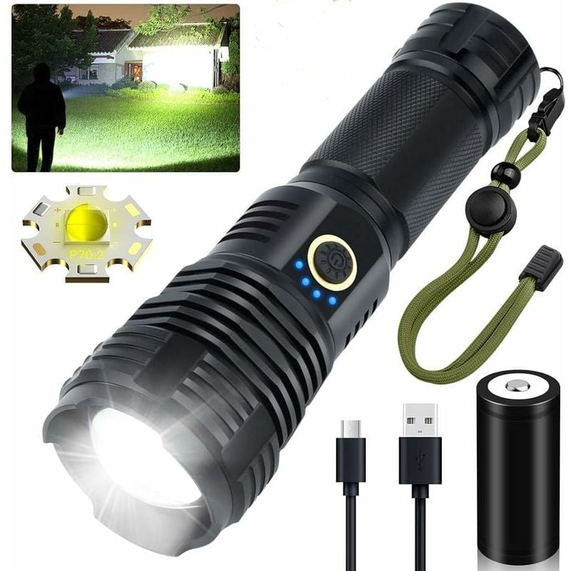 Lampe torche led rechargeable haute luminosité, 90000 lumens, torche tactique super lumineuse Xhp70.2 étanche évolutive 5 modes pour camping,