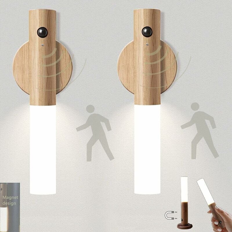 Lot de 2 led lumière d'escalier capteur de mouvement à piles intérieur bois veilleuse usb rechargeable portable sans fil magnétique placard lumière