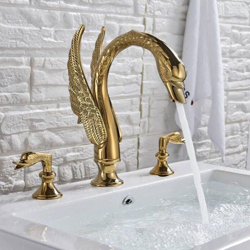 Or Cygne robinet d'évier de salle de bain 3 trous robinet de salle de bain à grande échelle Double Cygne poignées robinet d'évier de bassin Mélangeur