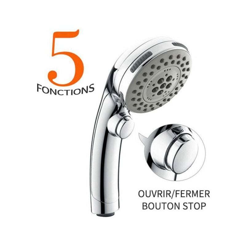 Forehill - Pommeau de Douche Chromé avec Bouton Stop Douchette à Main 5 Jets au Choix Pomme de Douche Picots Anticalaire Type Universel
