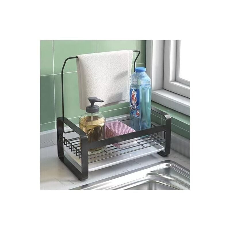 Porte Eponge d'Evier Inoxydable avec Porte-Serviettes,Panneau Amovible pour Ranger Brosses à Vaisselle,éponges à Vaisselle et Liquide Vaisselle (Noir
