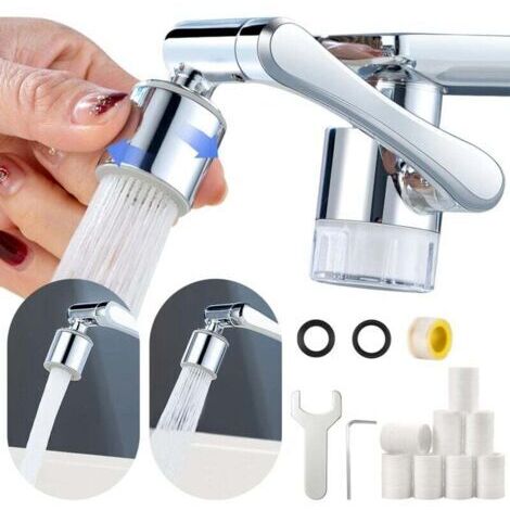 FOREHILL Rallonge de robinet avec fonction filtrante, robinet d'extension multifonction à 1080 degrés, filtre à eau transparent, avec 8 éléments filtrants et kit d'outils pour salle de bain et cuisin