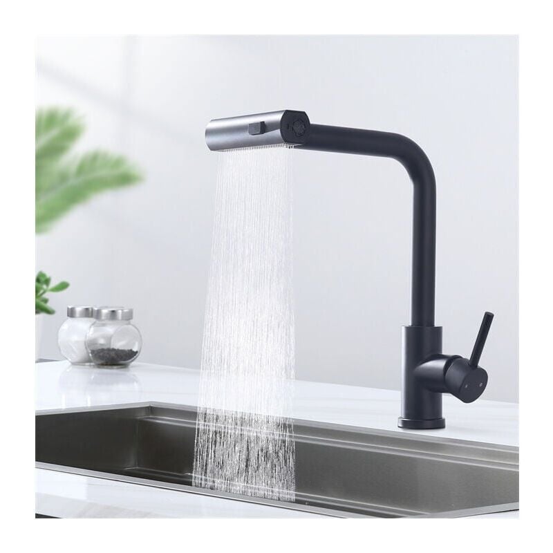 Forehill - Robinet de Cuisine Noir Avec Douchette Extractible Robinetterie de Cuisine 3 Jets aux Choix Mitigeur Cuisine Rotatif à 360 Mitigeur