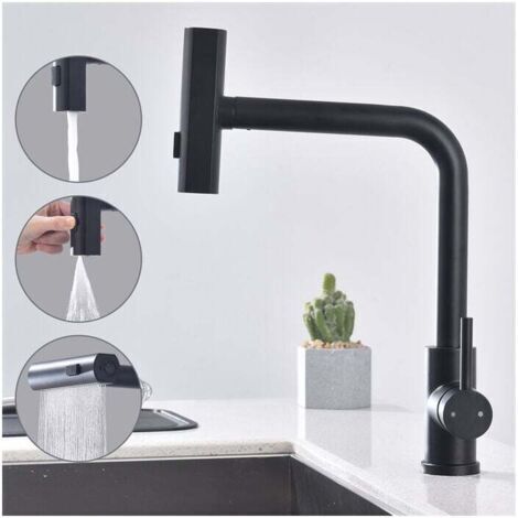 FOREHILL Robinet de Cuisine Noir Avec Douchette Extractible Robinetterie de Cuisine 3 Jets aux Choix Mitigeur Cuisine Rotatif à 360 Mitigeur Cuisine et Chaude et Froide Mitigeur d'Evier en Acier