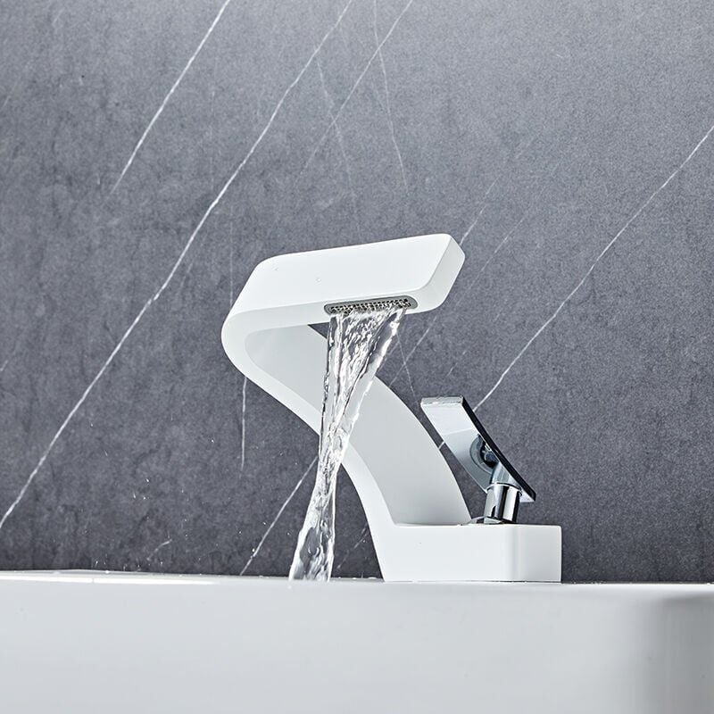 FOREHILL Robinet de lavabo moderne cascade pour salle de bain Robinet mitigeur monocommande Robinet de salle de bain Robinet en laiton ，Blanc（avec