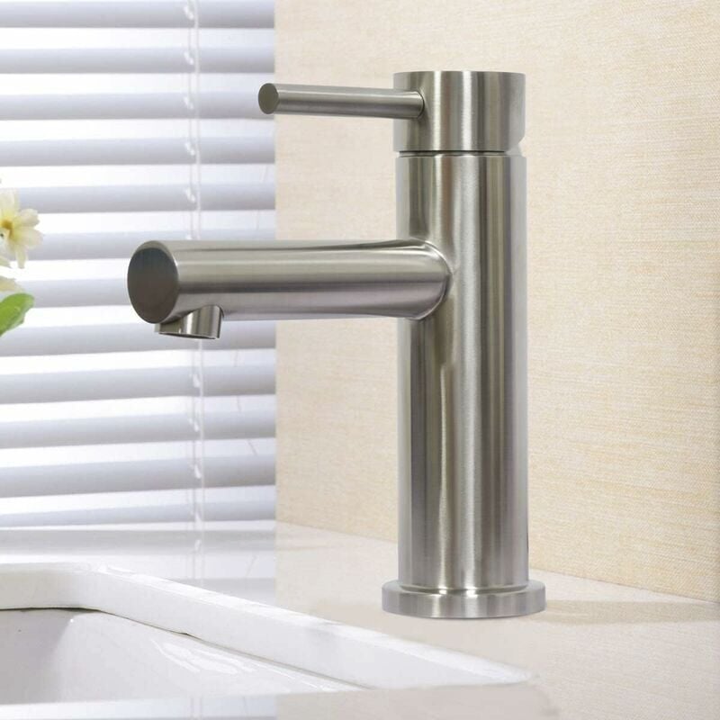 FOREHILL Robinet de lave-mains Mitigeur De Lavabo Monotrou En Acier Inoxydable, Chaud Et Froid, Finition Brossée